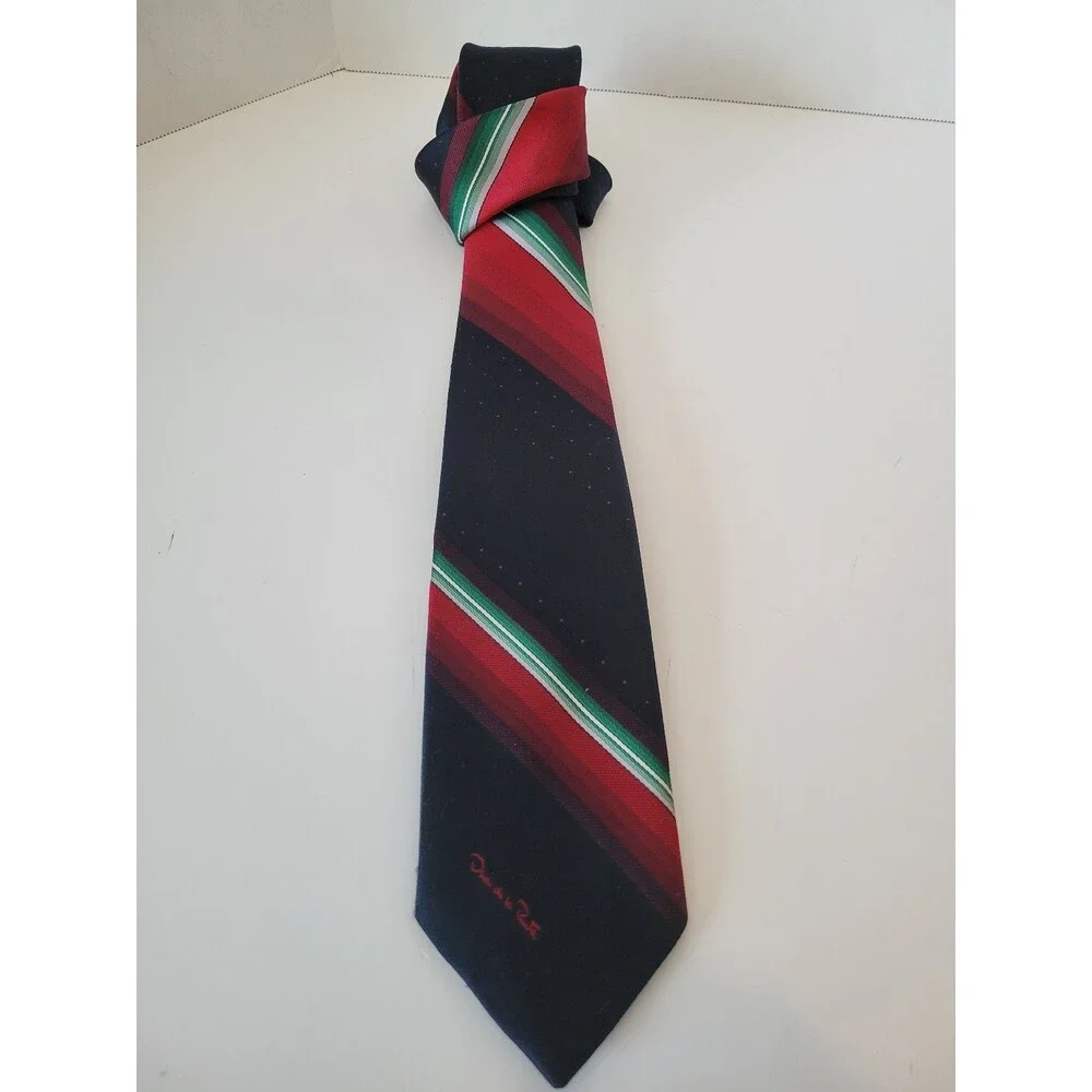 Oscar de la Renta Men's Silk Tie Red Green Navy Striped 57in‎